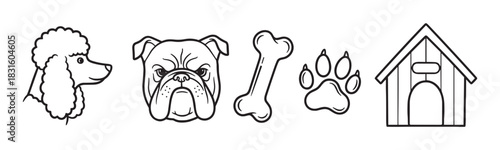 Set of dog-related line art icons featuring a poodle, bulldog, bone, paw print, and doghouse in a simple, minimalist doodle style for pet care concepts