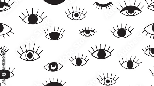 Hand drawn seamless pattern of stylized black eyes with long eyelashes in a simple doodle style, featuring various open and closed expressions for a modern and playful graphic design
