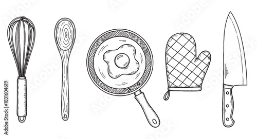 Kitchen utensils and cooking equipment set hand-drawn in a black and white sketch style, featuring a whisk, spoon, pan with egg, oven mitt, and a large chef's knife