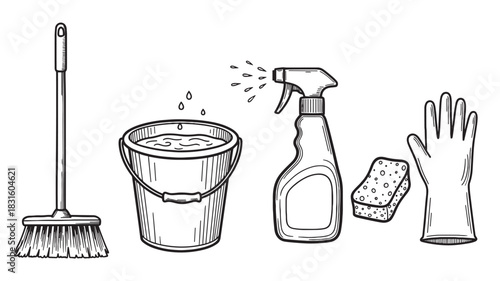 Hand-drawn set of cleaning supplies including a broom, bucket, spray bottle, sponge, and rubber glove in a black and white line art illustration for housekeeping concepts