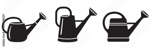 Three black watering can silhouettes in a simple graphic style, a collection of various garden tool icons for horticulture, agriculture, and plant care concepts