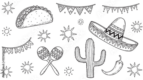 Hand-drawn black and white doodle set of Mexican cultural icons for a festive celebration, featuring a taco, sombrero, cactus, maracas, chili pepper, and bunting