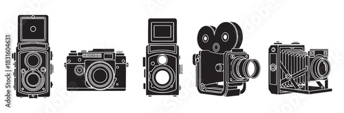 Collection of five vintage cameras including TLR, rangefinder, and movie camera models in a black and white silhouette illustration style for a retro photography concept