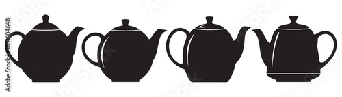 Four black teapot silhouettes with different classic shapes are arranged in a row, showcasing a minimalist graphic design style for beverage and kitchenware concepts