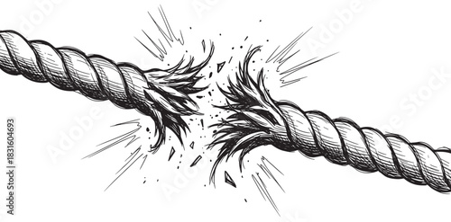 Black and white hand-drawn rope snapping under extreme tension, with frayed ends breaking apart in a dynamic sketch style illustration symbolizing stress and failure