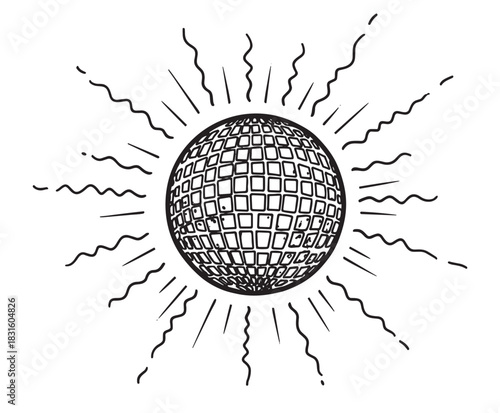 Hand-drawn black and white disco ball illustration with a sketchy, doodle style, featuring radiating lines that create a sparkling effect for a retro party or celebration theme