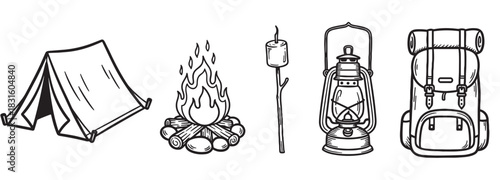 Hand-drawn camping and hiking equipment icons featuring a tent, campfire, roasted marshmallow, vintage lantern, and backpack in a black outline sketch style for adventure concepts