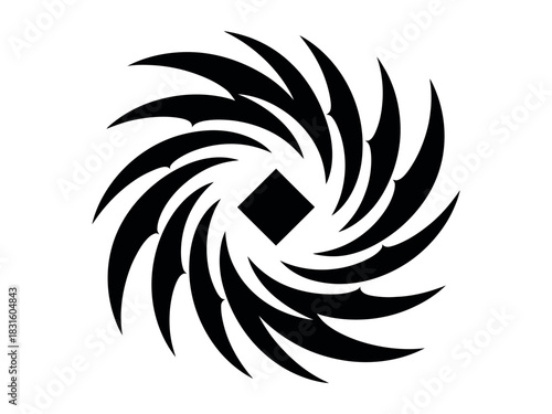 Abstract black vortex symbol with a central square on a white background.