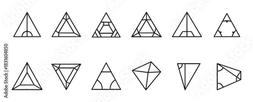 Set of twelve geometric triangle icons drawn with thin black lines in a clean, minimalist style, showcasing a variety of abstract linear forms and creative symbol designs