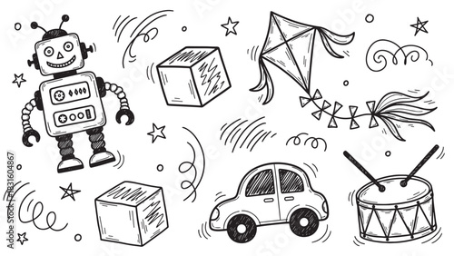 Hand-drawn doodle set of children's toys featuring a robot, car, kite, drum, and blocks in a playful black and white sketch style illustration