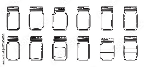 Set of twelve empty glass canning jars with screw lids presented in a clean black and white outline illustration style for various packaging concepts