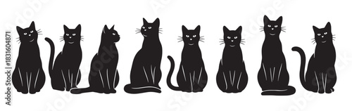 Eight black cat illustrations sitting in a row in various cute and funny poses, a minimalist graphic design collection of feline characters with different expressions