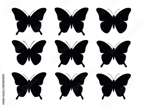 A grid of nine black butterfly silhouettes are displayed against a white background.