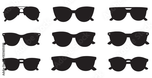 Collection of nine black sunglasses silhouettes in various classic and modern styles, including aviator and wayfarer, presented as a graphic design element set for fashion concepts