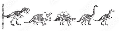 Five different dinosaur skeletons illustrated in a simple black outline style, including various species like T-Rex, Triceratops, and Stegosaurus in a horizontal collection