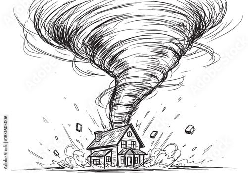 Powerful hand-drawn tornado destroying a small house in a dramatic black and white sketch style illustration showing a natural disaster with flying debris and chaotic energy