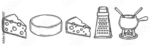 Set of hand-drawn cheese illustrations including wedges, a wheel, a grater, and a fondue pot in a black and white line art doodle style for culinary concepts