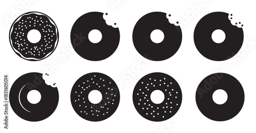 Collection of eight black donut silhouettes with different toppings and bites taken out, presented as a simple graphic icon set for various food concepts