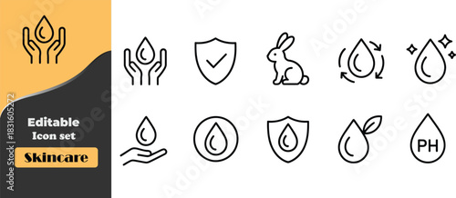 Skincare icons set with water drops, hands, shield, bunny and P H vector
