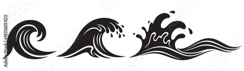 Three black stylized ocean wave icons set showing different forms of a curling sea swell with splashes and foam in a simple graphic vector illustration