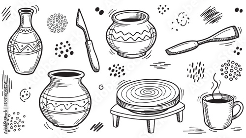 Hand-drawn pottery and ceramics tools collection illustration in a black and white doodle style, featuring a potter's wheel, clay pots, vases, and sculpting instruments for a creative workshop