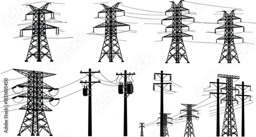 Electric power transmission tower and high voltage line structure design, industrial energy distribution system, cad drawing flat vector illustration