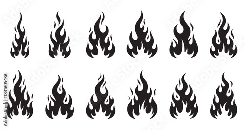 Black tribal flame icons and silhouettes set featuring twelve different stylized fire shapes for tattoo designs, hot rod decals, or graphic elements in a simple vector illustration style