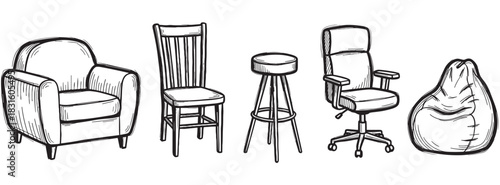 Collection of hand-drawn chairs including an armchair, wooden dining chair, bar stool, office chair, and beanbag in a black and white sketch illustration style