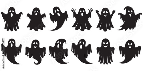 Collection of twelve black ghost silhouettes with various spooky, cute, and funny expressions for Halloween, featuring different cartoon character shapes and poses in a simple graphic style