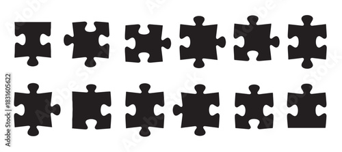 Black jigsaw puzzle piece silhouettes arranged in two horizontal rows, a minimalist graphic set representing components, strategy, problem-solving, and teamwork concepts