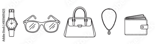 Set of women's fashion accessories drawn in a simple black outline style, including a watch, glasses, handbag, necklace, and wallet for a minimalist concept