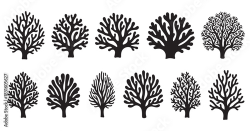 Stylized black tree and coral silhouette icons with abstract organic branching patterns, a minimalist graphic collection of nature and underwater life symbols