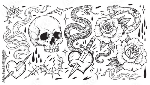 Collection of traditional tattoo flash designs with a skull, snakes, roses, and hearts pierced by daggers, hand-drawn in a classic black and white line art illustration style