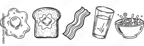 Set of hand-drawn breakfast food illustrations including a fried egg, toast with butter, bacon, milk, and cereal in a simple black and white doodle line art style