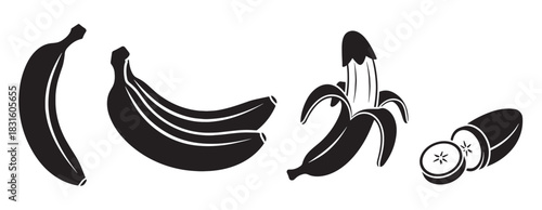 Set of black banana icons showing a single fruit, a bunch, a peeled banana, and sliced pieces in a minimalist graphic vector style illustration