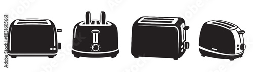 Set of four black toaster illustrations showing different angles and designs in a minimalist graphic silhouette style for kitchen or breakfast-themed concepts