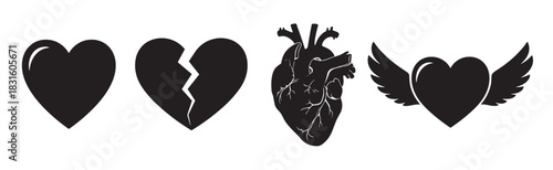 Set of four black heart icons showing different concepts of love, including a whole heart, a broken heart, an anatomical heart, and a heart with angel wings in a simple vector style