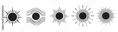 Set of five black sun symbols with geometric rays and patterns, a collection of minimalist celestial icons for astrology, tarot, or esoteric branding concepts