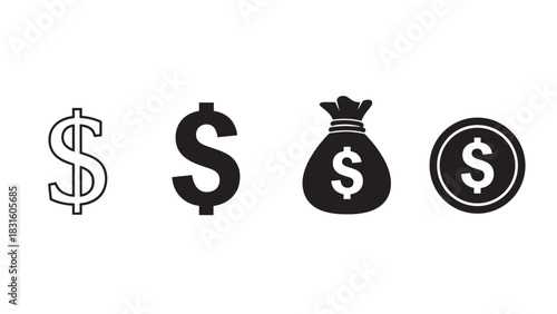 Collection of black dollar sign icons including a money bag and a coin symbol representing finance, currency, and wealth in a simple minimalist vector graphic illustration