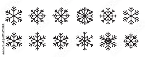 Collection of twelve black snowflake icons with various geometric shapes and crystal patterns for winter holiday design, presented in a clean and minimal line art vector style