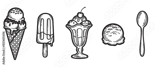 Set of five hand-drawn ice cream dessert icons in a vintage sketch style, featuring a cone, popsicle, sundae with a cherry, a single scoop, and a small spoon