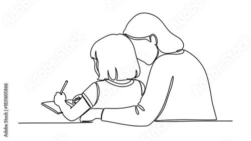 One line art continuous line drawing illustrating a mother or guardian gently guiding a small childs hand while they write or draw on a piece of paper isolated on white background