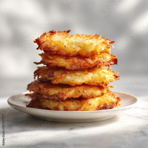 stack of crispy hanukkah latkes on plate with warm light highlighting crunchy texture ideal for holiday cooking themes recipes food education cultural content seasonal menus festive promotion