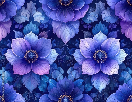 Wallpaper Mural A rich, seamless pattern featuring deep blue and violet stylized floral designs against a dark background. Torontodigital.ca