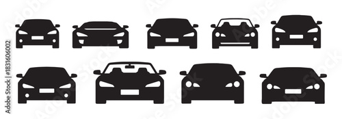 Collection of ten black car icons showing various vehicle models from a front view perspective in a minimalist flat graphic style for transportation and automotive concepts