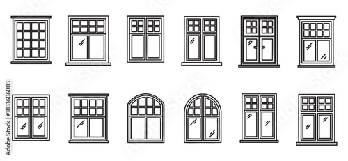 Collection of twelve window icons presented in a simple black line art style, showcasing various architectural designs from classic arched to modern rectangular frames for house exteriors