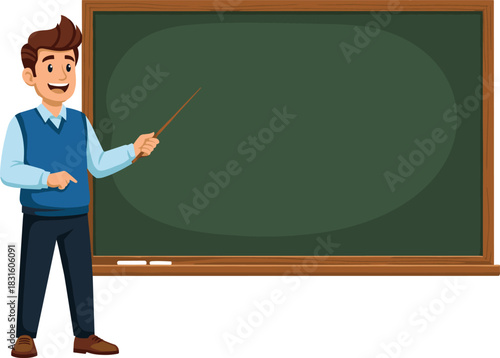 Smiling male teacher explaining lesson on green chalkboard in classroom setting, education and learning scene, cad drawing flat vector illustration