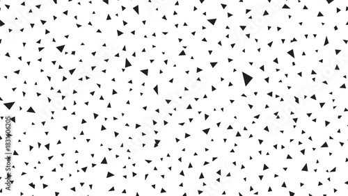 Minimalist black and white seamless pattern of randomly scattered small triangles in a chaotic yet simple geometric design, creating an abstract and modern texture