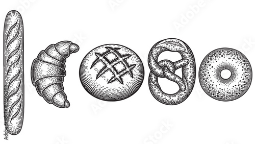 Set of five vintage bakery items including a baguette, croissant, round loaf, pretzel, and bagel, illustrated in a detailed black and white hand-drawn engraving style