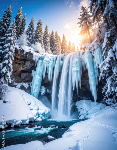 Wallpaper Mural A stunning winter waterfall framed by massive blue icicles and sunlit snowy evergreen trees. Torontodigital.ca